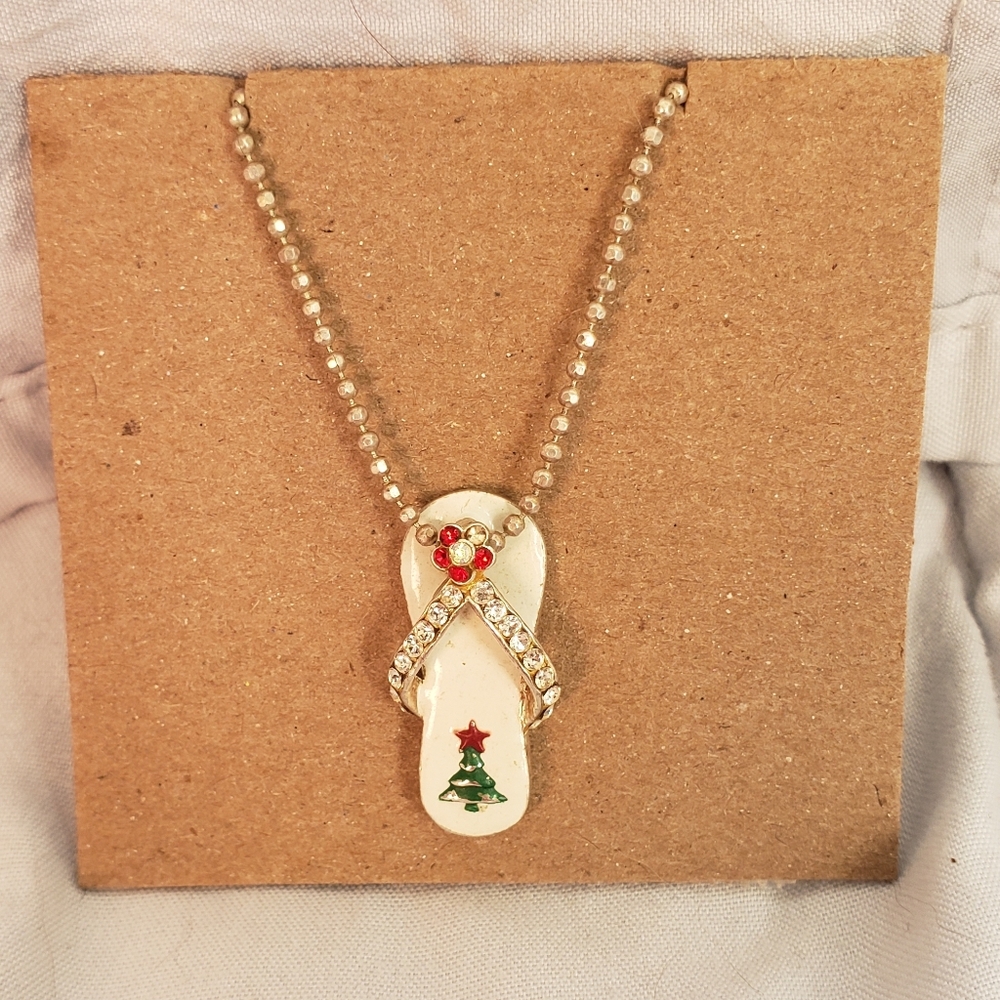 Unique Vintage Festive Holiday Flip Flop Rhinestone Pendant Necklace Silver Red